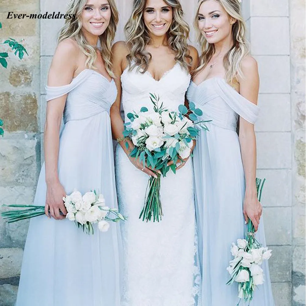 

2019 Simple Bridesmaid Dresses Off Shoulder Sleeveless Floor Length A-Line Wedding Guest Party Gown Two Styles Custom Made