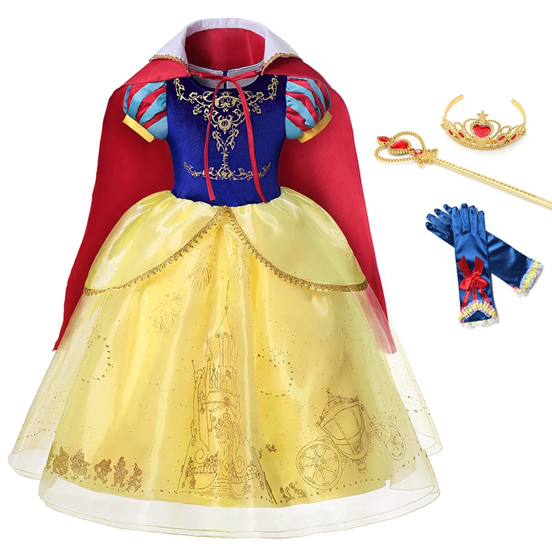 VOGUEON Girls Princess Snow White Costume Puff Sleeve Deluxe Prom Party Gown with Long Cloak Children Halloween Fancy Dress Up - Цвет: Dress Set 02