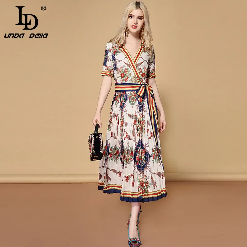 LD LINDA делла летнее платье женское с v-образным вырезом сексуальное элегантное Полосатое с цветочным принтом Плиссированное винтажное платье с поясом