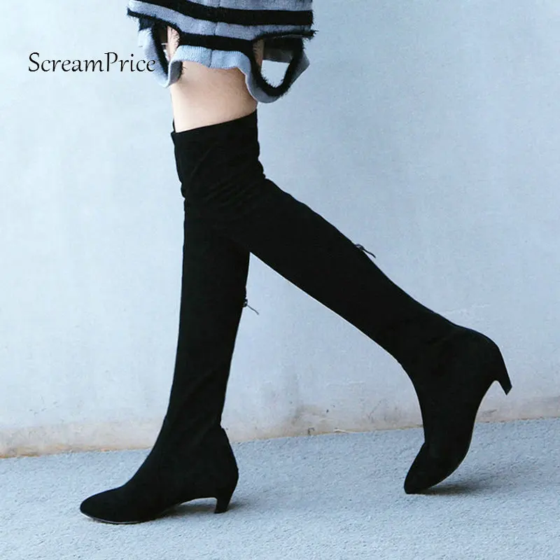 

The New Suede Low Strange Style Zipper Woman Over The Knee Boots Pointed Toe Winter Stretch Boots Fashion Thigh Boots Black