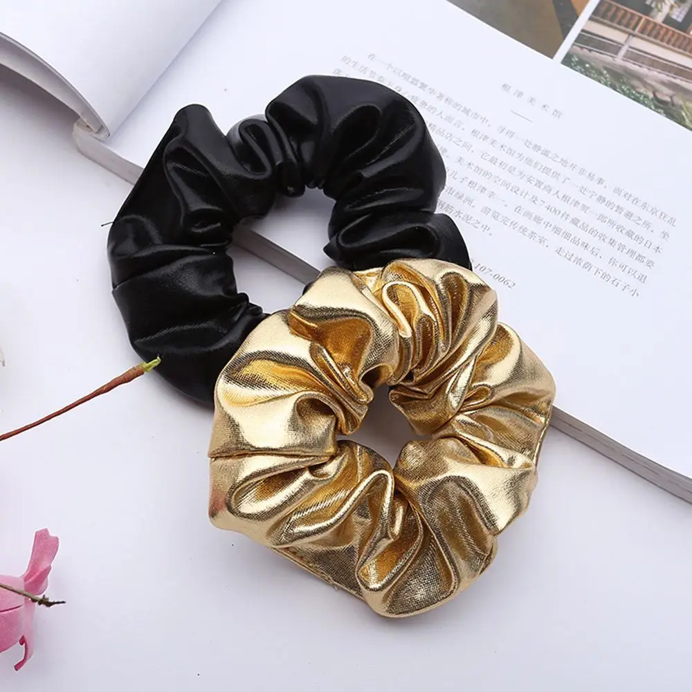 

Women Pu Faux Leather Elastic Hair Ties Girls Hairband Rope Ponytail Holder Scrunchie Gold Black Headbands Accessories