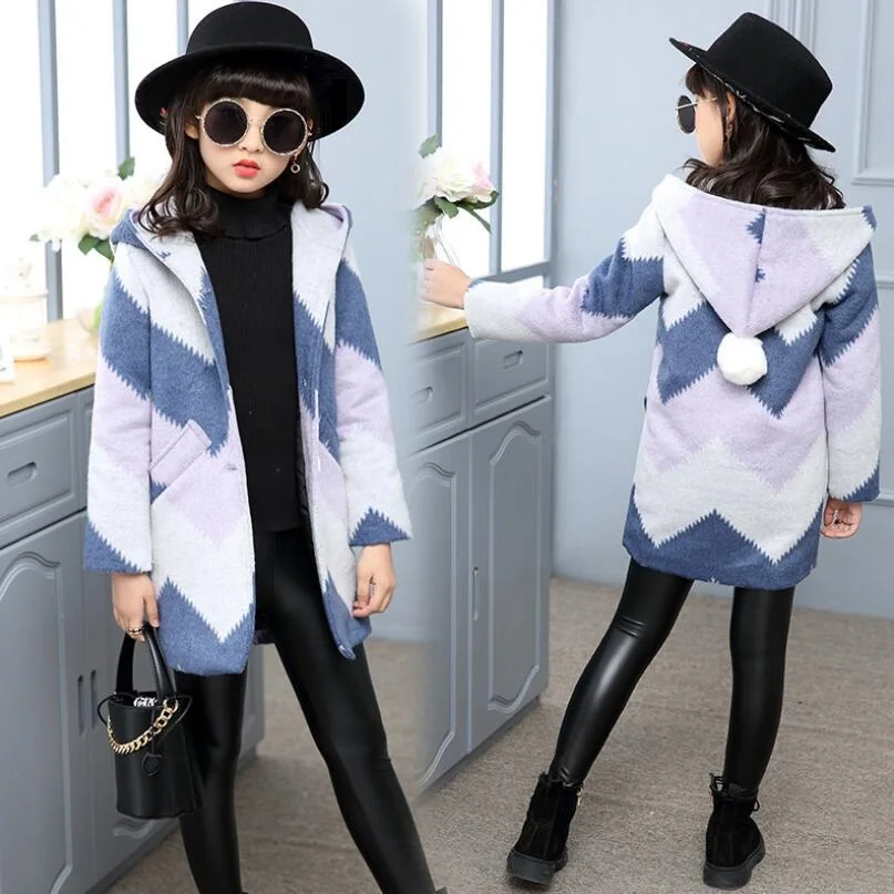 

2018 Fall Winter Hooded Jacket For Girls Baby Toddler Toddler Teen Girls Wool Coat Long Kids Children's Outerwear Trench JW4234
