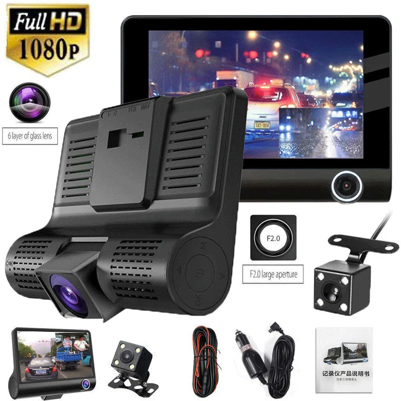 4 inch HD 1080P 3 Lens Car DVR Dash Cam Vehicle Video Recorder Rearview Camera 170 Degree