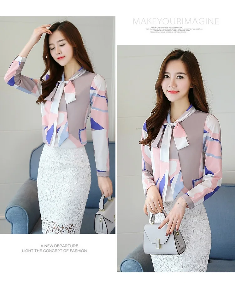 Fashion Spring Autumn Print Bow Collar Womens  Long Sleeve Office Lady Tops Elegant Chiffon Blusas Shirts Slim Casual Blouses