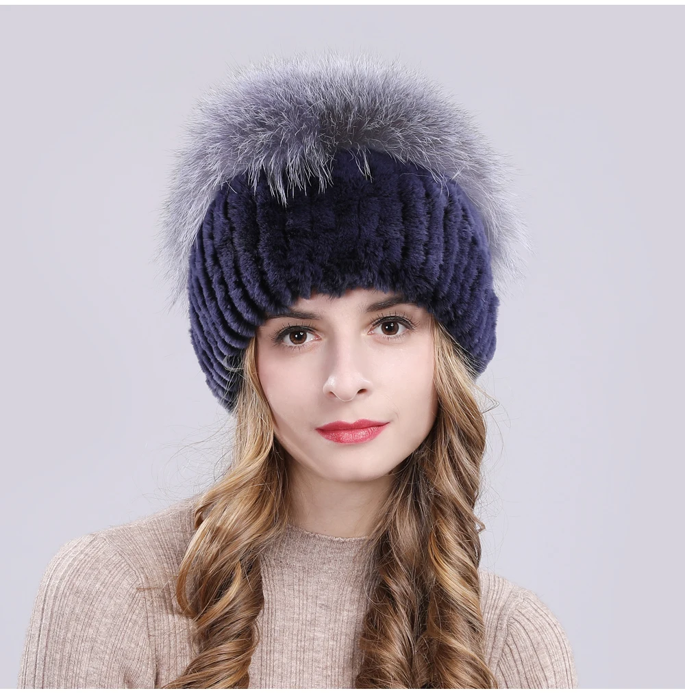 Outdoor Women Warm Soft Genuine Rex Rabbit Fur Hat Knitted Natural Real Sliver Fox Fur Caps Winter Real Rabbit Fur Beanies Hats