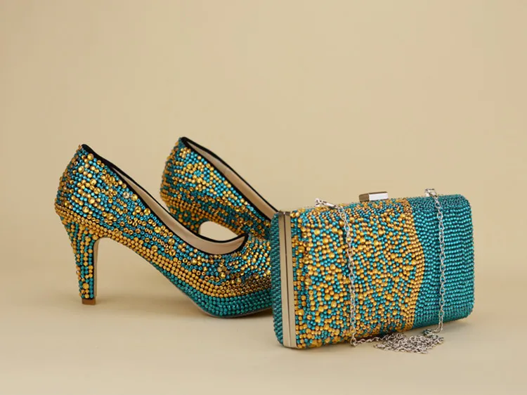 BaoYaFang/женские свадебные туфли синего цвета с золотыми кристаллами и сумочкой в комплекте; модные нарядные туфли для девочек и наборы кошельков