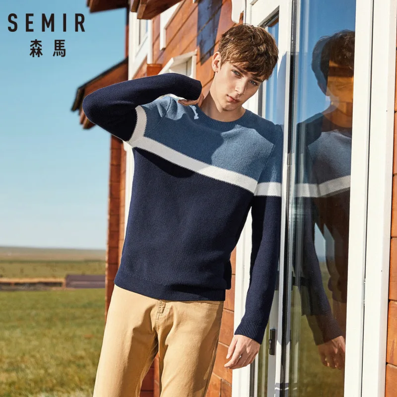 SEMIR Men Rib Knit Color Block Sweater Men's Pullover Sweater with Ribbed Crewneck Cuff and Hem Casual Style for Spring Autumn