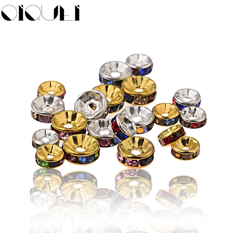 

OIQUEI 50pcs Colorful CZ Crystal Rhinestone Spacer Beads 6mm 8mm 10mm Metal Rondelle Loose Beads For DIY Jewelry Making