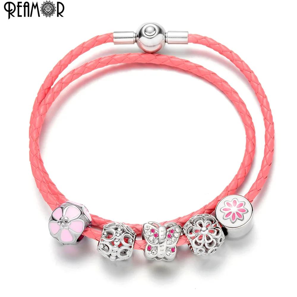 

REAMOR Women Crystal Butterfly Beads Genuine Leather Rope Chain Bracelet Pink Beaded Women Charms Bracelets Jewelry For Gifts
