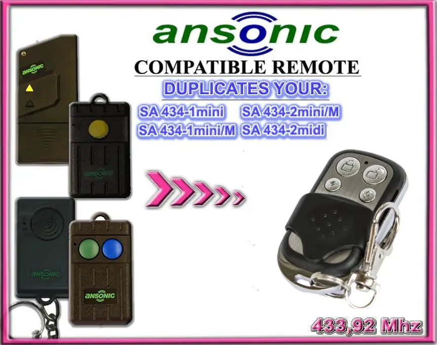 

ANSONIC SA 434-1Mini, SA434-2Mini, SA 434-2Midi Universal remote control replacement clone duplicator Fixed code 433.92MHz