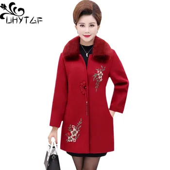 

UHYTGF XL-5XL Plus size Coat Womens Add cotton Winter top Wool jacket Fashion fur collar Loose female long Woolen Outerwear 1155