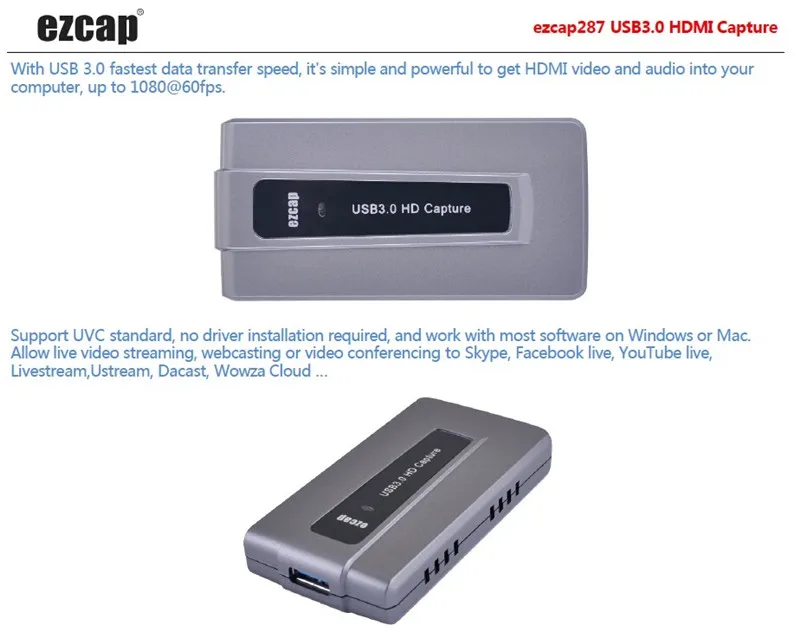 Ezcap 287 1080P 60fps Full HD видео рекордер HDMI к USB 3,0 карта видеозахвата для PS3 PS4 xbox OBS телефонная игра прямая передача