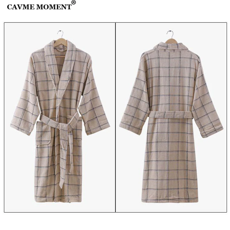 CAVME клетчатый махровый халат, утолщенный Хлопок, зимнее длинное кимоно, халат для женщин, унисекс, длинная ночная рубашка размера плюс, домашняя одежда, одежда для сна