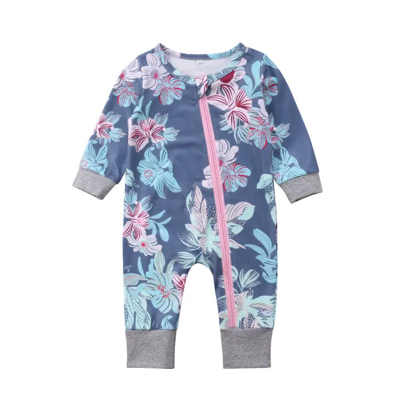 Fashion Newborn Baby Girls Flowers Zipper Long Sleeve Romper Jumpsuit