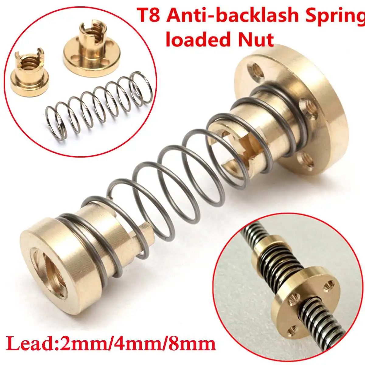 1 шт., запчасти для 3D-принтера T8, пружинная гайка с защитой от люфтов для 2 мм/4 мм/8 мм Acme, латунные резьбовые ходовые винты, регулируемые