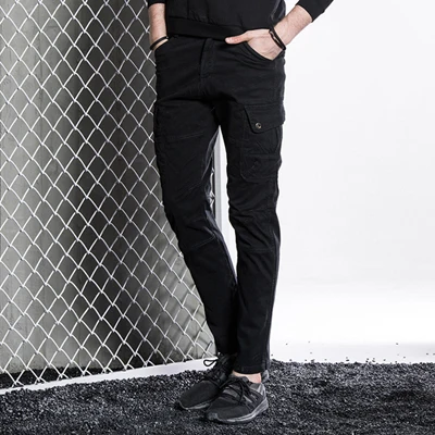 Черный Осень г. хлопок Для мужчин Брюки для девочек Хорошее качество несколькими карманами Pantalon Homme - Цвет: Черный