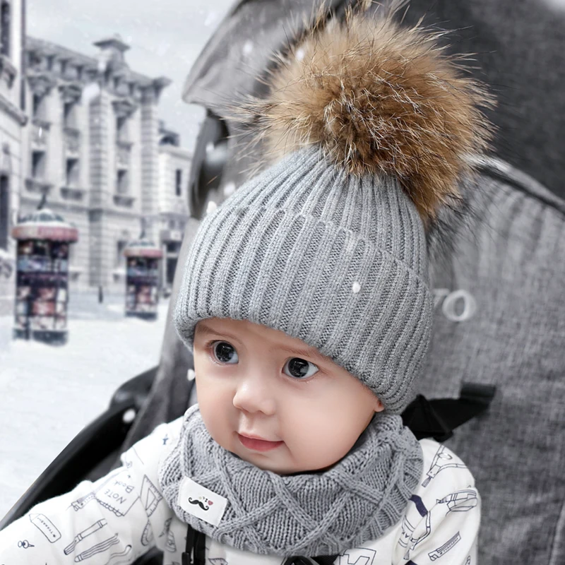 

Real Raccoon Fur Baby Pom Pom Hat for Kids Winter Hat Toddler Boys Girls Beanie Cap Wool Hat