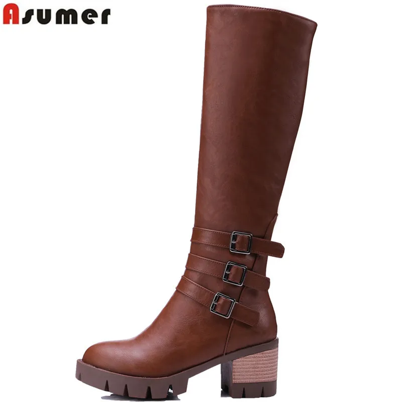 

ASUMER big size 34-43 fashion knee boots round toe zip buckle square heel shoes woman autumn winter boots women high booties