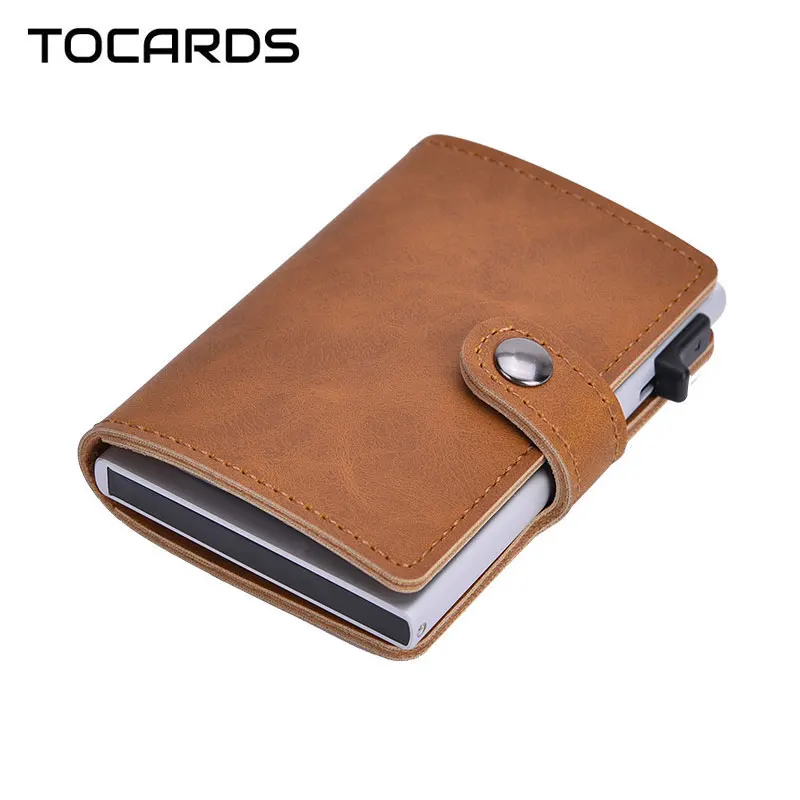 

RFID Blocking Vintage Men Credit Card Holder Aluminum Alloy Business ID Card Case Automatic Male Metal Leather Cardholder Wallet