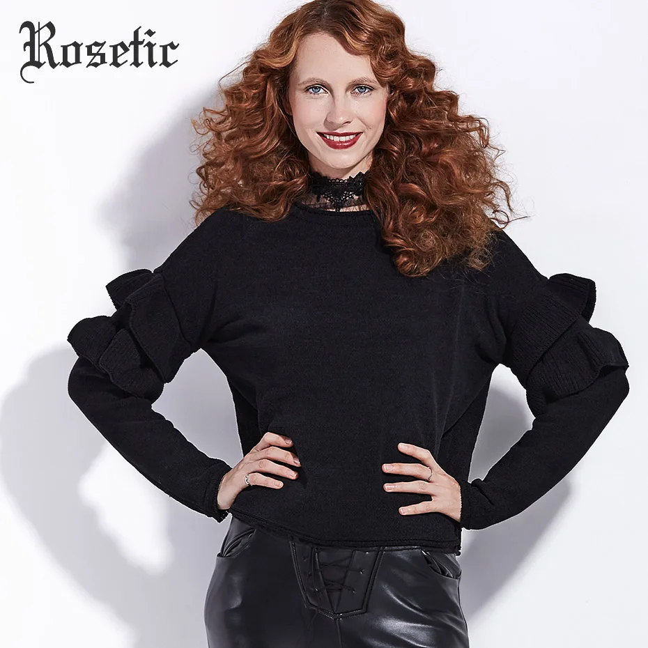 Rosetic Black Sweater Women Goth Winter Loose Black Falbala O-Neck Ruffles Fall Tops Retro Street Preppy Gothic Casual Sweater Rosetic Black Sweater Women Goth Winter Loose Black Falbala O-Neck Ruffles Fall Tops Retro Street Preppy Gothic Casual Sweater