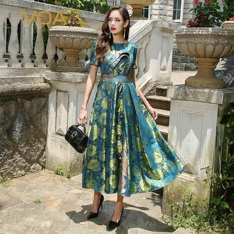 

VOA 2019 Autumn Chinese Style Short Sleeve High Waist Silk Jacquard Print Slim Dresses Plus Size Women Maxi Dress ALX12201