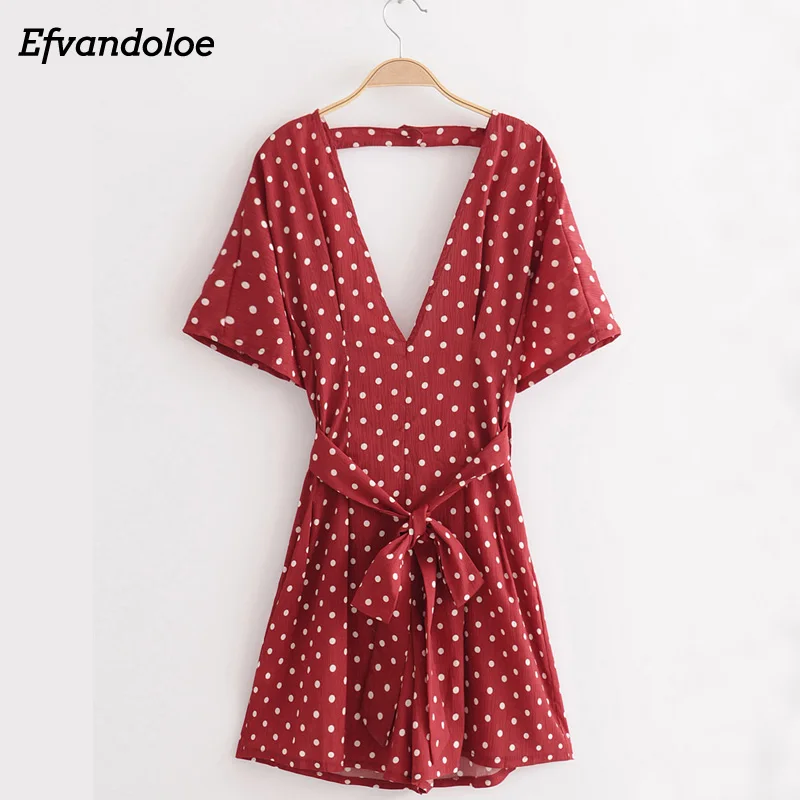

Efvandoloe Red Women Playsuit Jumpsuits shorts Dot Combishort Combinaison Femme 2018 Summer Playsuits