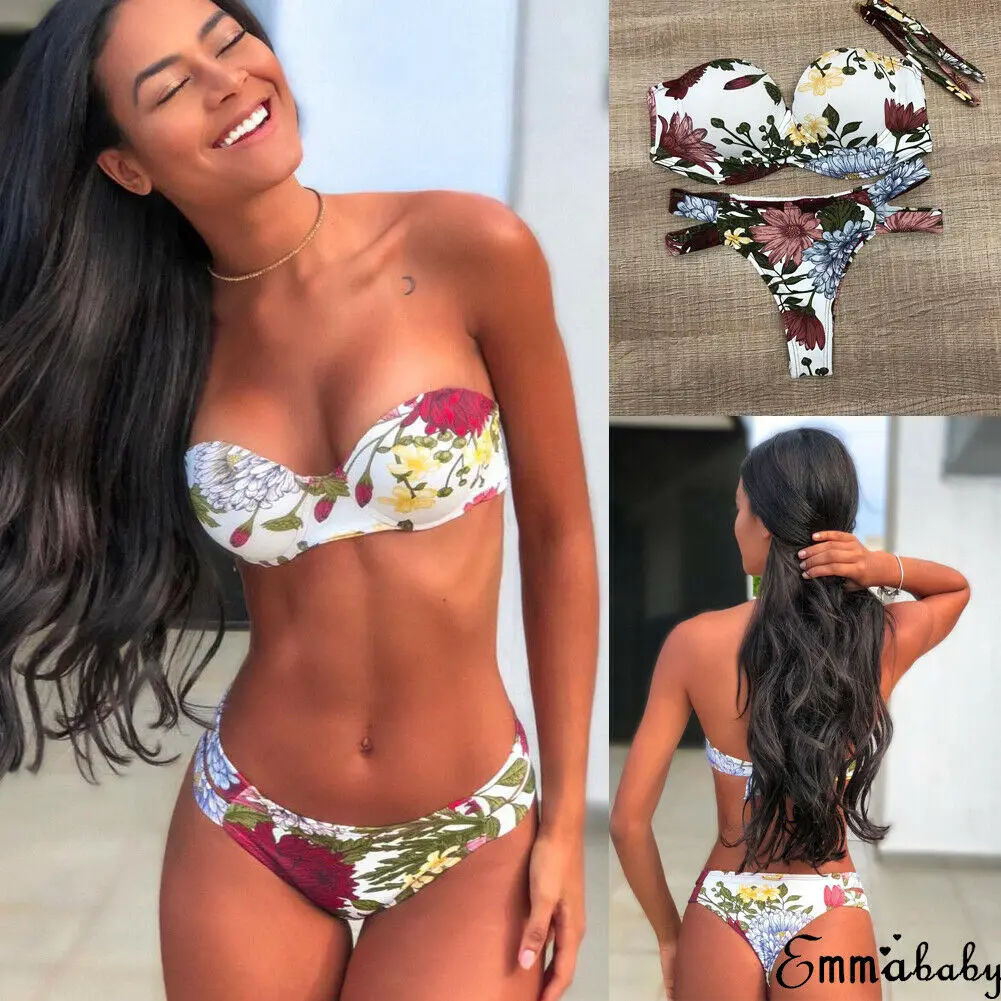

Womens Padded Push-up Bikini Bra Set Two-Piece Swimsuit Ladies Sexy Floral Bathing Suit Strapless Swimwear Beachwear Bikini 2019