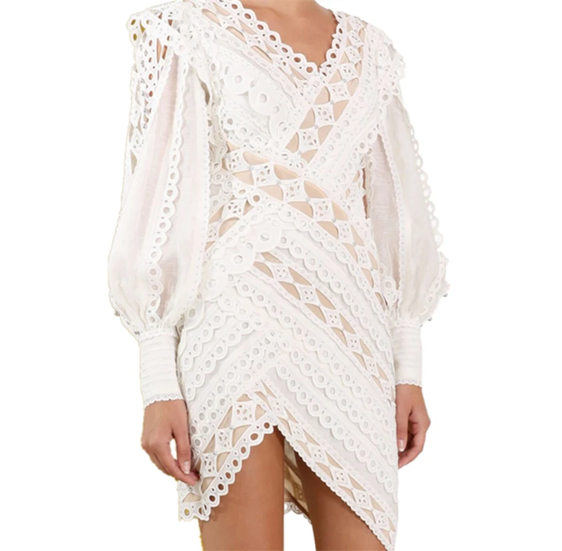 Designer Runway Dress 2019 Summer Women Long Sleeve Hollow Out Irregular Mid-Calf Lace Dress (5)