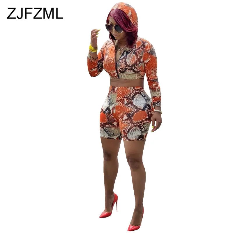 

Snake Print 2 Pieces Sets Women Summer Clothes Long Sleeve Front Zipper Hooded Crop Top And Biker Shorts Sexy Two Piece Outfits