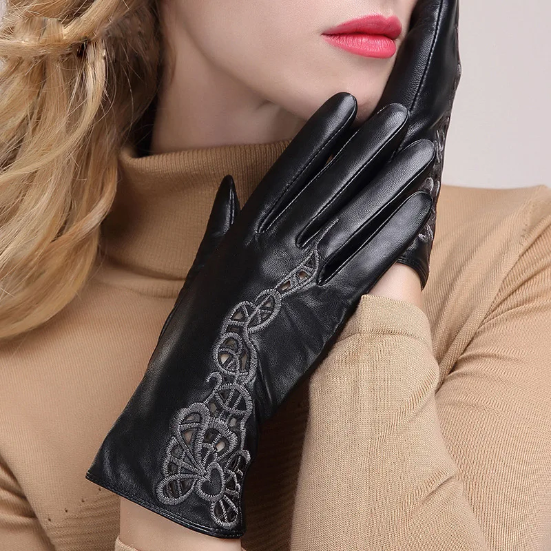 Leather Gloves Female Touchscreen Genuine Leather Gloves Five Fingers Sheepskin Women's Thin Mittens Openwork Embroidery MLZ091