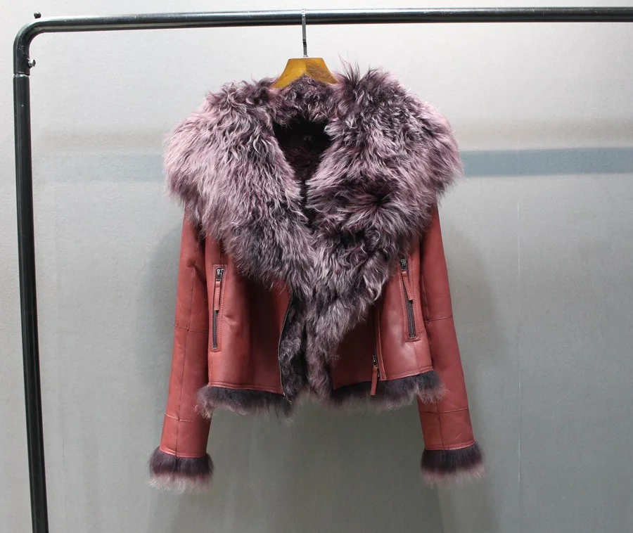 ladies genuine sheepskin leather and fur jacket big collar  (2)