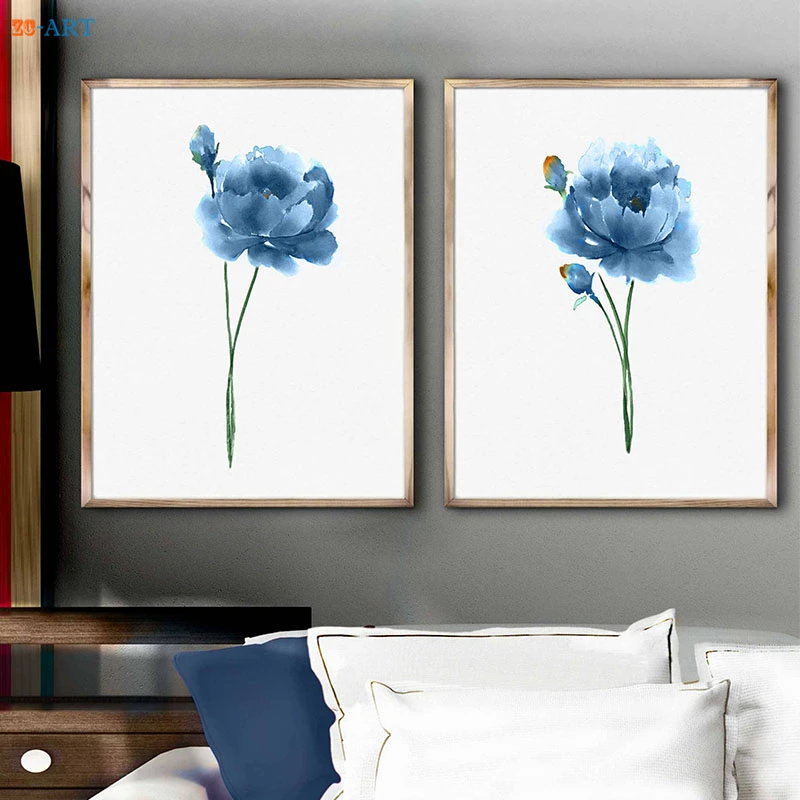 

Framed Canvas Printed Peony Print Art Painting Blue Peony Watercolor Abstract Flower Poster Wall Decoration Minimalist Art