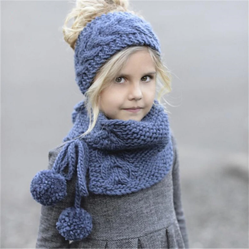 

IANLAN Cute Kids Winter Thermal Sets Headband Style Caps Mufflers Lovely Girls Solid Knit Wool Hats Scarves Set IL00194