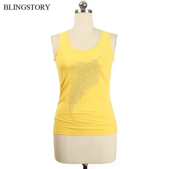 

BLINGSTORY Brand New Summer Big Size Women Tee Rhinestone Sleeveless T Shirt High Quality Feather Diamond Tops LP5229002A