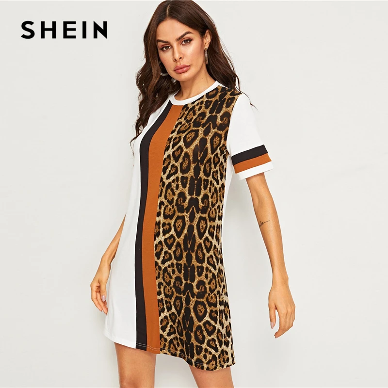 SHEIN летнее платье-туника с цветными блоками и леопардовым принтом, женское платье с коротким рукавом и круглым вырезом,, прямые свободные Короткие повседневные платья