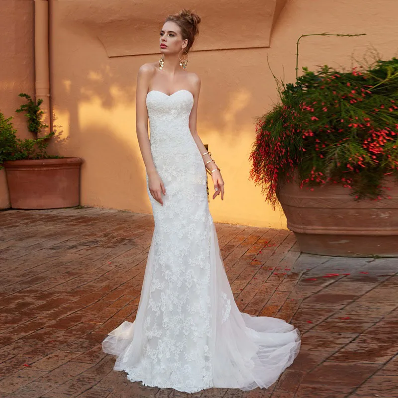 

LORIE 2019 Best Selling Mermaid Strapless sweetheart Evening Dress White Lace Dresses Court Train wedding Party Dresses Pleated