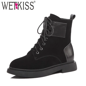 

WETKISS Autumn Cow Suede Ankle Women Boots Platform Army Boot Round Toe Shoes 2018 Winter Warm Square Heels Elevator Footwear