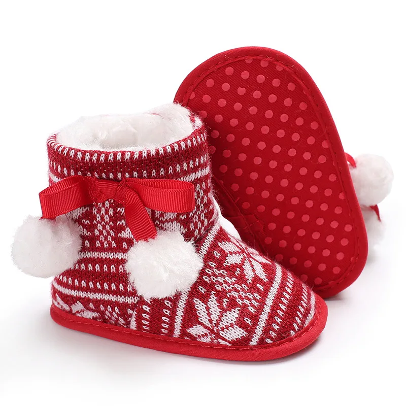 Зимние Детские Зимние Сапоги Теплая обувь для маленьких девочек обувь Вязаные рождественские первые ходоки для новорожденных обувь