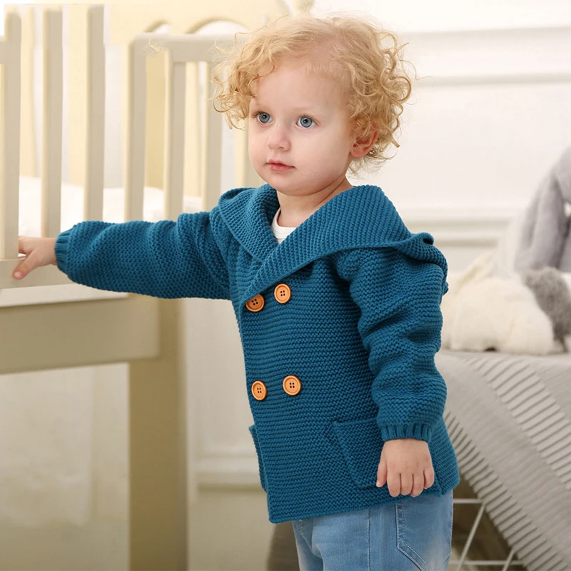Зимний свитер с капюшоном для малышей, вязаная верхняя одежда с меховым воротником для новорожденных, кардиган для маленьких мальчиков и девочек, рождественские свитера - Цвет: blue 2
