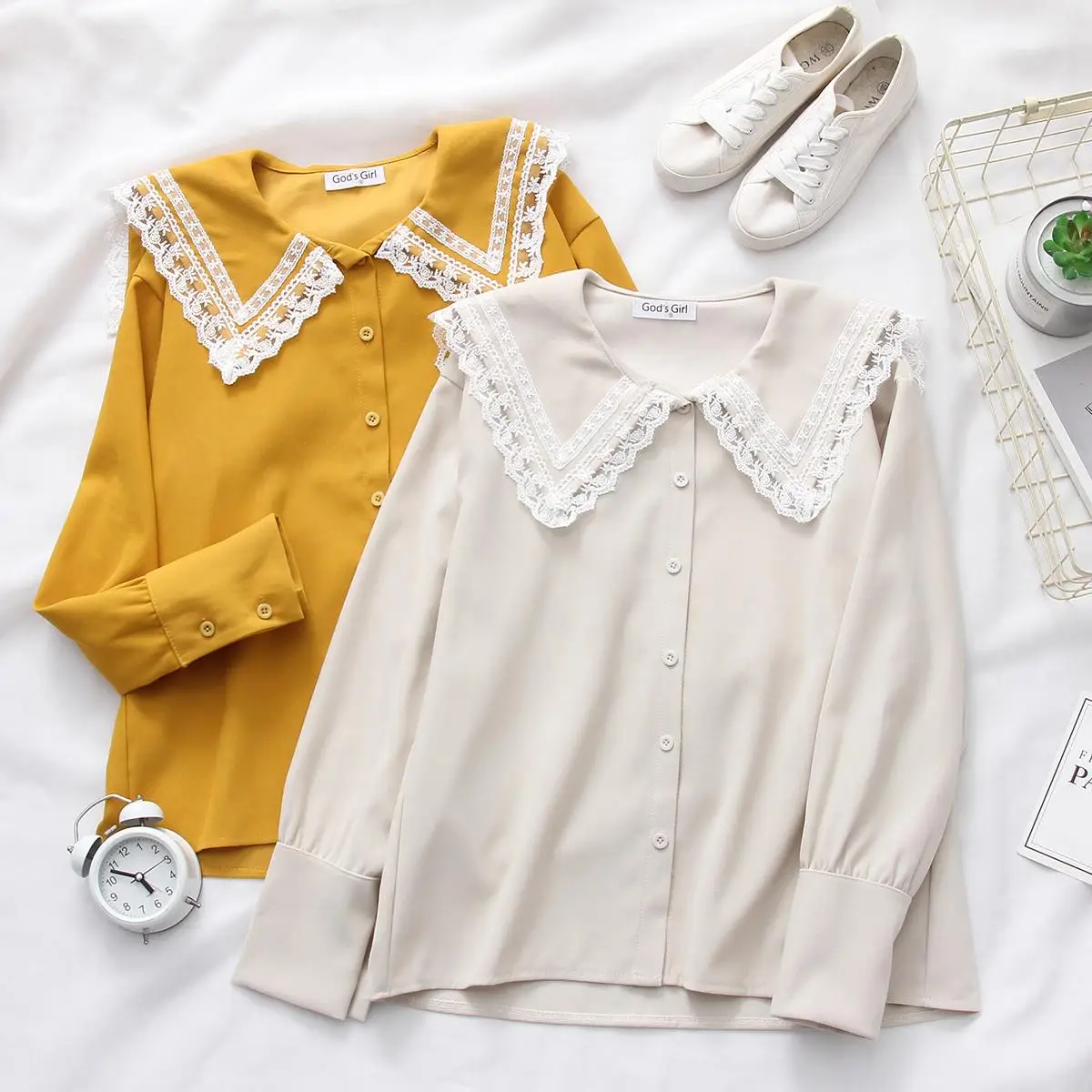 

2019 Women Long Sleeve Japanese Lace Blouse Spring Autumn Vintage Peter Pan Collar Solid Color Streetwear Tops Blusas Ladies