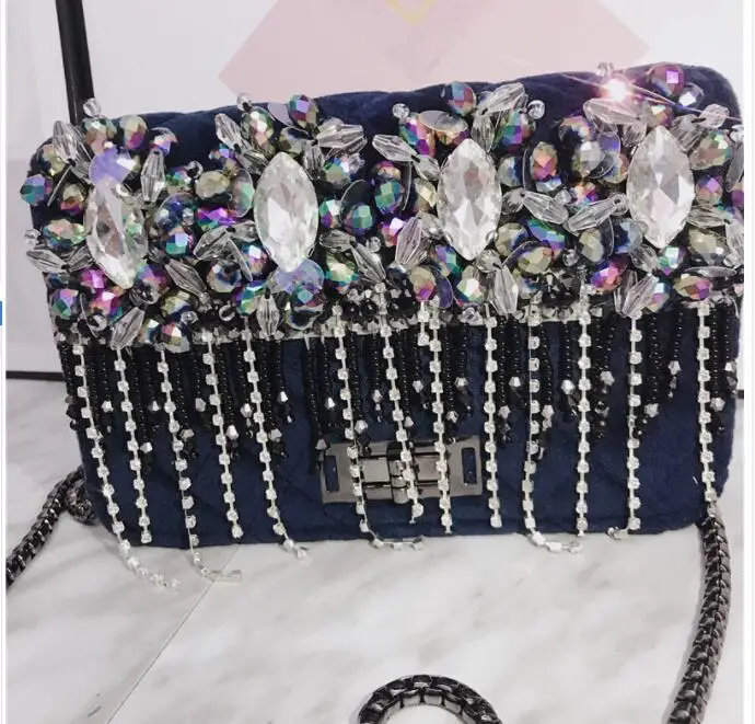 

European station big design rhinestone tassel velvet handbags rhombic chain heavy industry fashion super