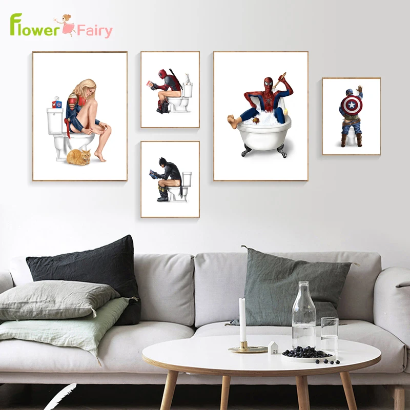

Bathroom Superman Batman Wall Art Canvas Painting WC Washroom Nordic Poster Cartoon Wall Pictures For Living Room Unframed
