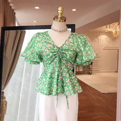 Высококачественная Новейшая модная летняя дизайнерская рубашка 2019 для подиума женская блузка с v-образным вырезом и цветочным принтом