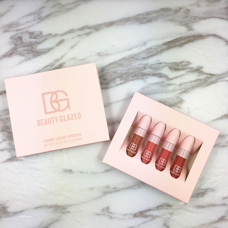 

Beauty Glazed Brand 4Pcs/set New Arrival Shimmer Lip Gloss Waterproof Matte Lipstick Metal Rose Golden Lip Gloss Liquid Lipstick