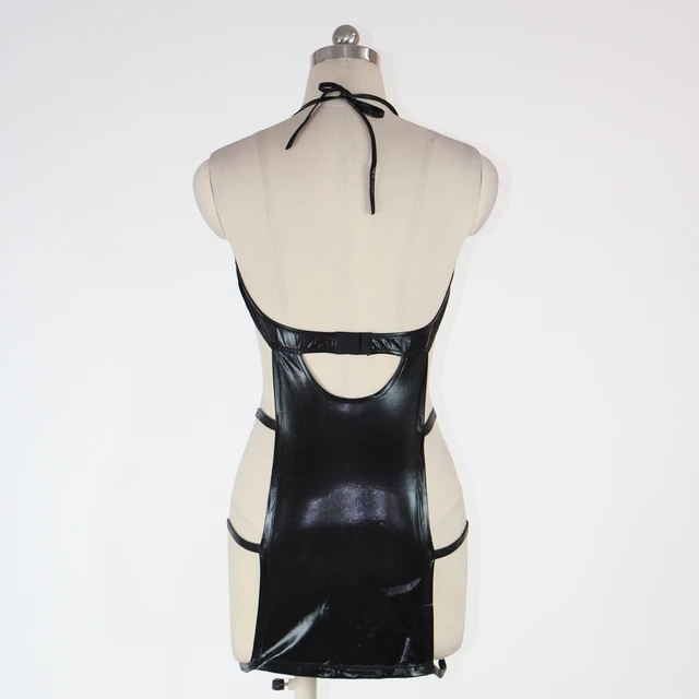 Sexy Black Leather Wetlook Halter Cut Dress Women Fetish Cut Out Chemise Bandage Nightclub Solid Vinyl Latex Mini Short Robe - Image 6