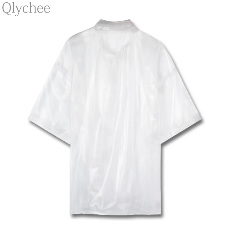 Qlychee Solid Transparent PVC Plastic Blouse Short Sleeve Button Turn Down Collar Tops Women Summer Loose Fashion 