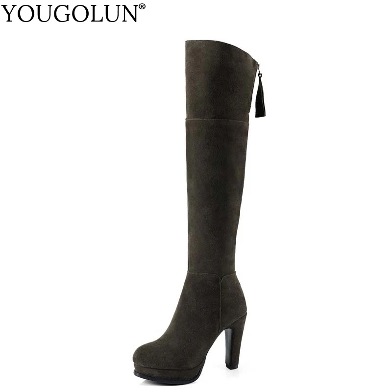 

YOUGOLUN Women Thigh High Boots Winter Genuine Cow Suede Nubuck Leather Thick Heel 10 cm Heels Black Green Platform Shoes #Y-185