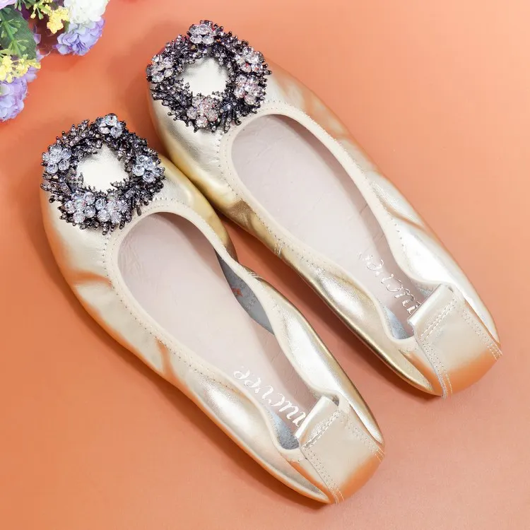Plus Size 34-43 Ladies Flat Shoes Fashion Bling Rhinestone Women Flats Casual Genuine Leather Ballet Flats Fold Up Gold Shoes (23)