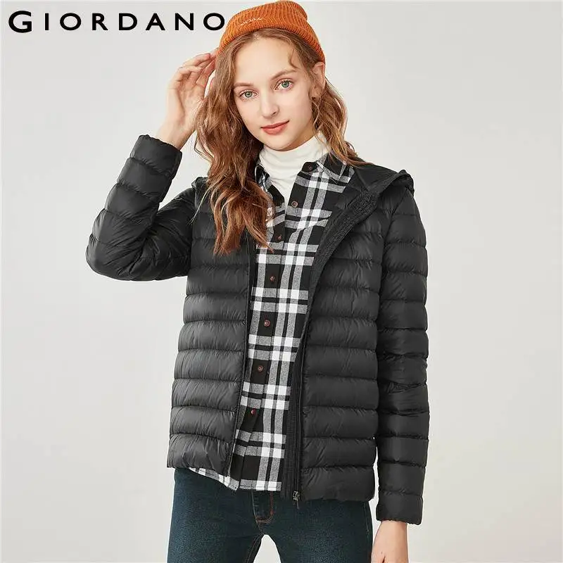 Giordano пуховик женский. женский лёгкий зимний с капюшоном на молнии
