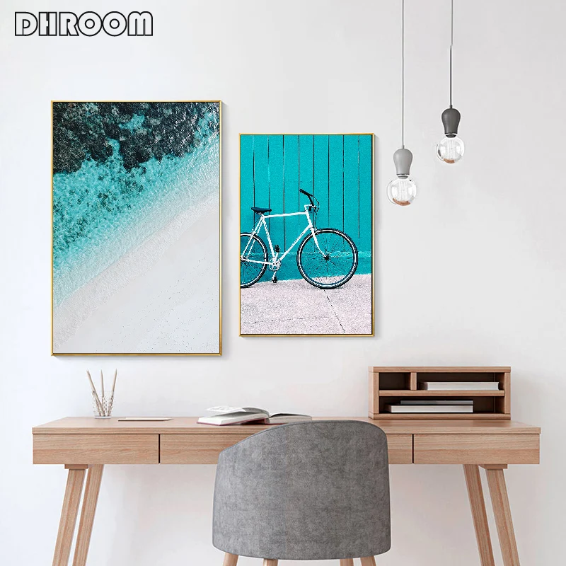 Пляжный Пейзаж, плакат, принт, синий зеленый океан, велосипед, настенная живопись, холст, картины для гостиной, Скандинавское украшение